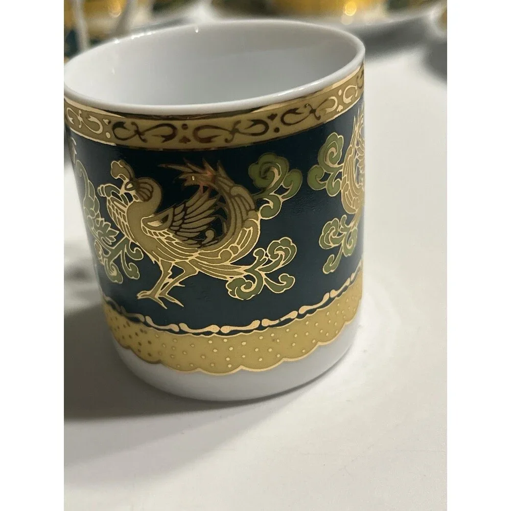 Italy Design Heavy Gold & Green Chicken Rooster Floral Demitasse Cup Saucer 10pc
